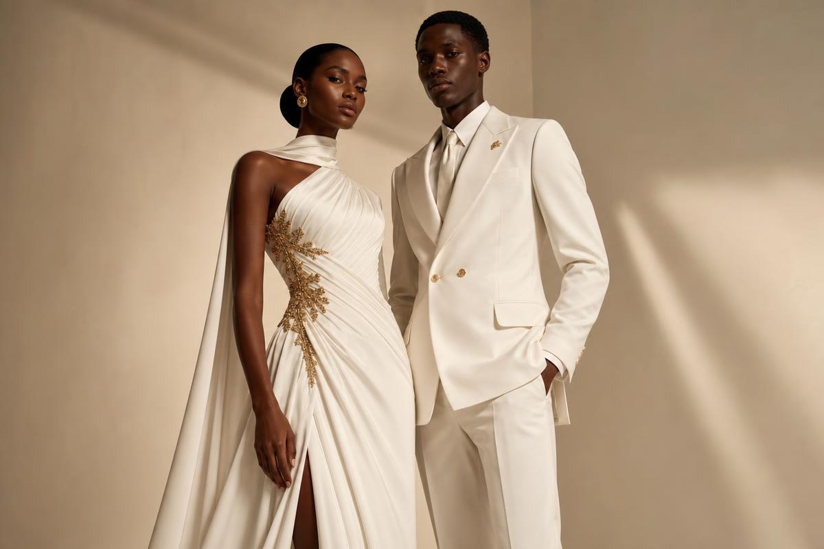 Two Black models in luxurious white couture — a flowing gown and a tailored suit — against a warm studio backdrop