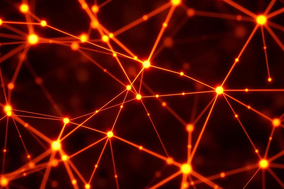 Glowing amber neural network lattice on a black field