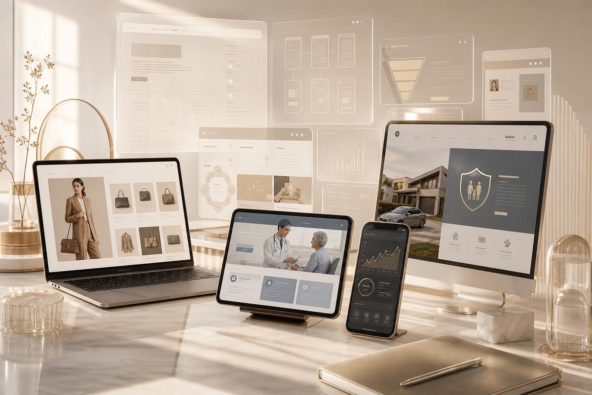 A polished workspace with floating screens showing conversion-optimized websites across fashion, healthcare, insurance, and finance